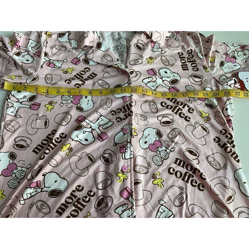 Peanuts SNOOPY Pink Women’s Sz L‎ Pajama PJ Set Pants Short Sleeve More Coffee - Picture 6 of 12